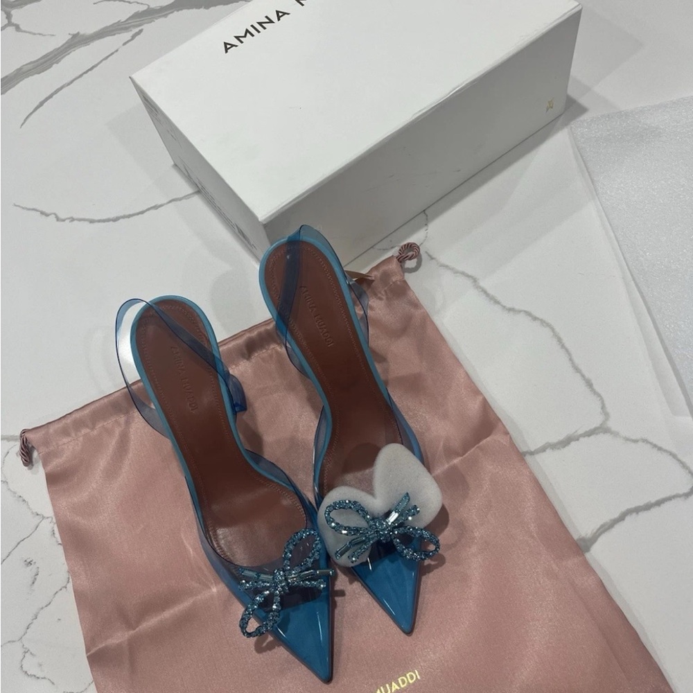 Amina Muaddi Teal Slingback Heels with Bow